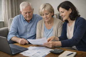 Pensioners reviewing documents with a guidence
