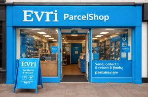 A local Evri ParcelShop drop-off point in a UK convenience store.