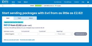 Screenshot of Evri postage calculator showing 2026 rates for small parcels.