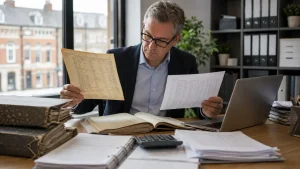Accountant reviewing historical and modern UK director’s loan tax records in a professional office