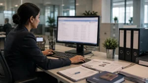 Bank compliance employee reviewing limited account and identity information that may be supplied to DWP.