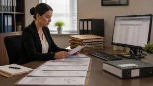 Bank compliance worker reviewing historical financial records illustrating the DWP bank check time period.