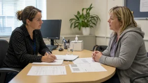 Claimant answering questions during a PIP assessment.