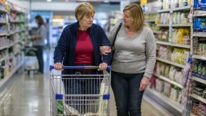 Claimant using a shopping trolley for support.
