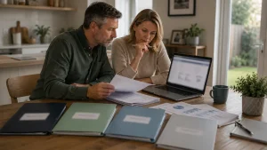 Two adults reviewing savings, linked and joint bank accounts relevant to DWP benefit eligibility checks.