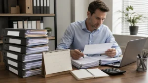 UK accountant reviewing historical tax files and records for an HMRC investigation period.