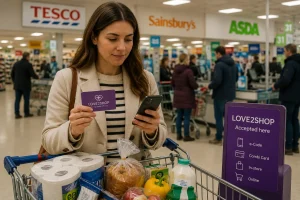 UK shopper checking Purple Card options for Tesco, Sainsbury's and Asda.