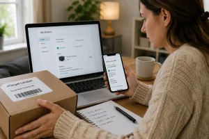 UK shopper safely checking eTarget Limited parcel tracking and online order details